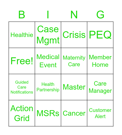 Care Management Bingo Card