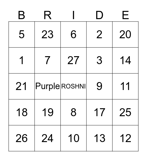 Roshni's Bridal Shower Bingo Card