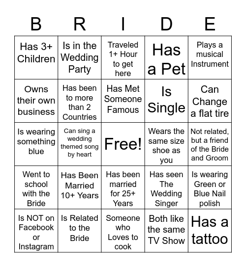 Bridal Shower Guest Bingo Card