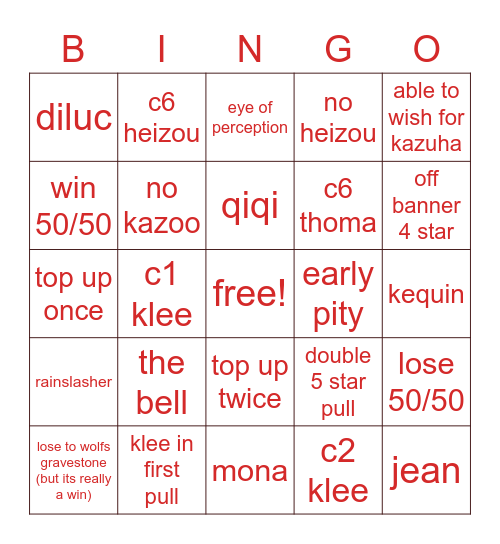 klee wish banner! Bingo Card