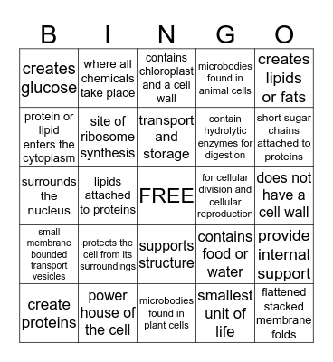 Cellular Organelles Bingo Card