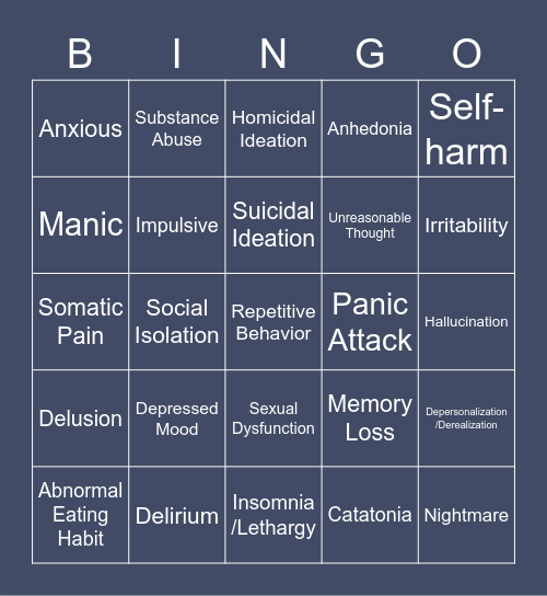 Psychiatric Symptoms Bingo Card