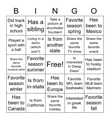 Husky Hangout Bingo Card