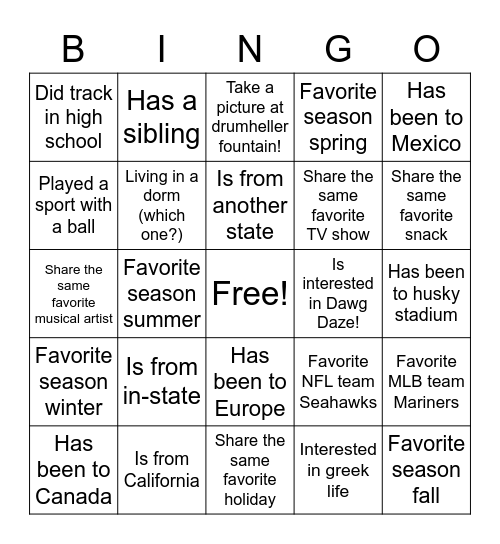 Husky Hangout Bingo Card