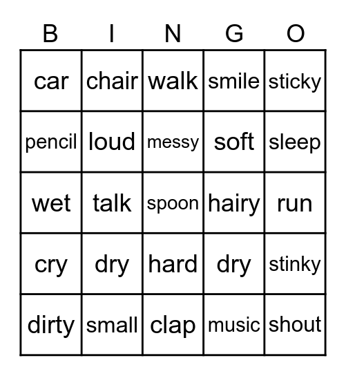 Noun, Verbs, and Adjectives Bingo Card