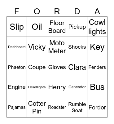 FORD MODEL A BINGO Card