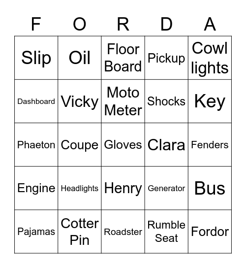 FORD MODEL A BINGO Card