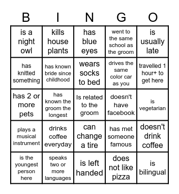 ♡ Find the Guest Bingo ♡ Bingo Card