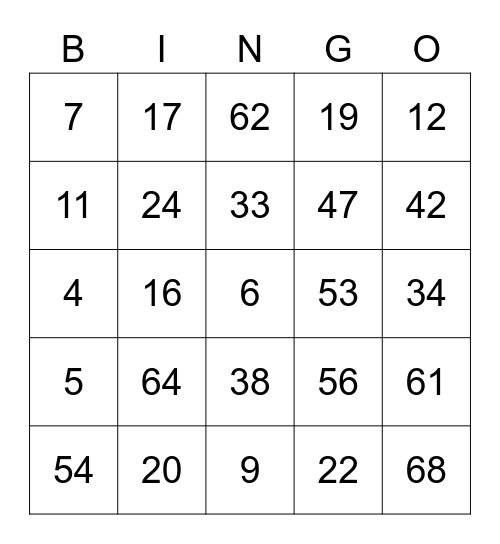 Number Bingo 1-69 Bingo Card