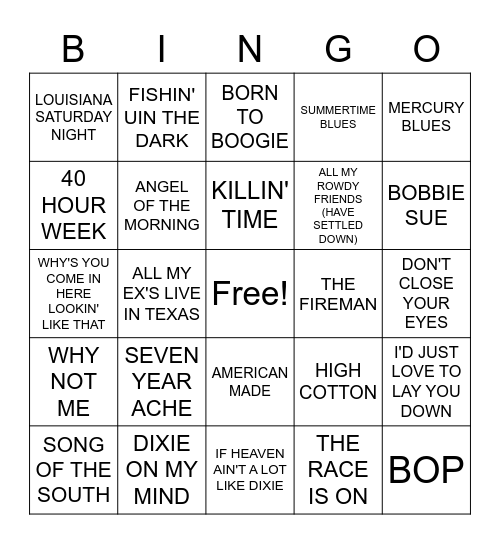 80'S COUNTRY Bingo Card