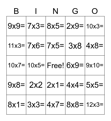 Multiplication Bingo Card