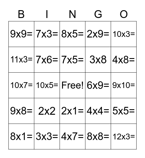 Multiplication Bingo Card