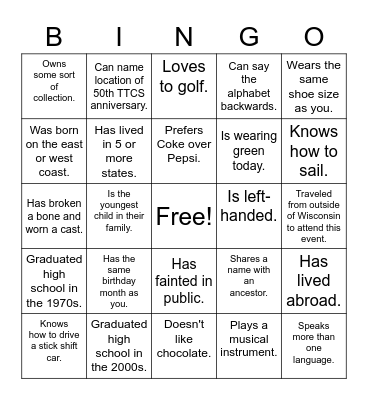 TTCS 55th Anniversary Celebration Bingo Card