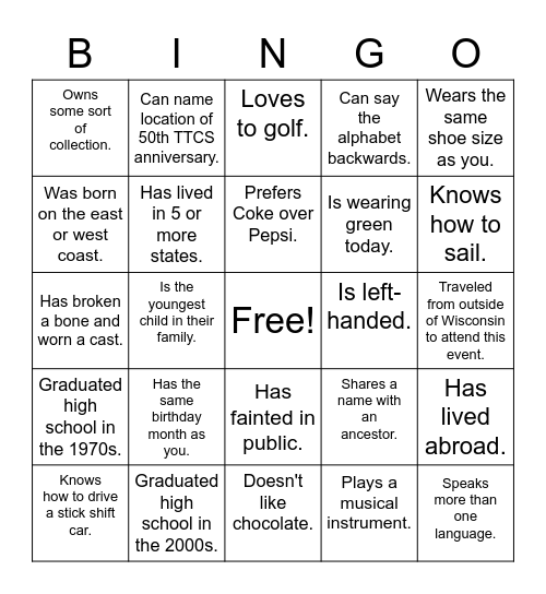 TTCS 55th Anniversary Celebration Bingo Card