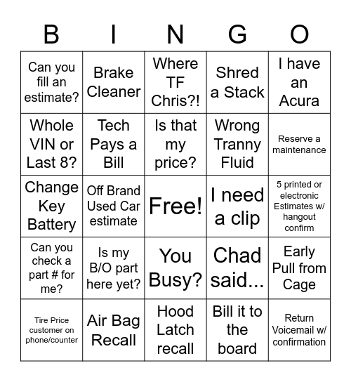 In - Early Pull from Cage / Out - Calling for Toyota Bingo Card