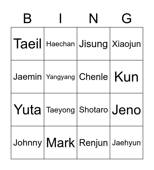 nct bingo Card