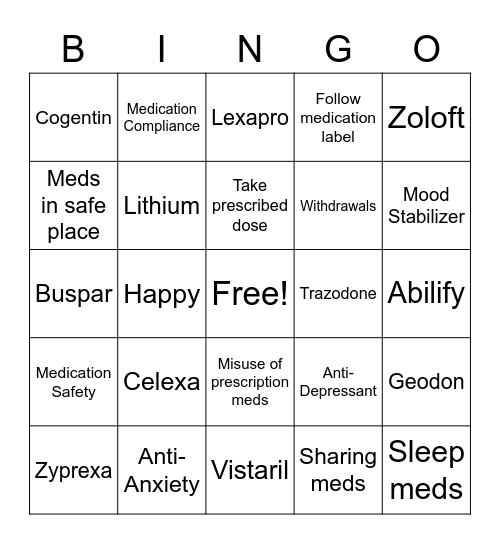 Medication Bingo Card