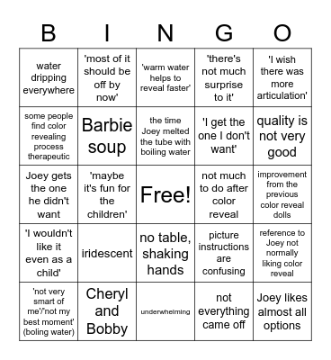 Joey Color Reveal Review Bingo Card
