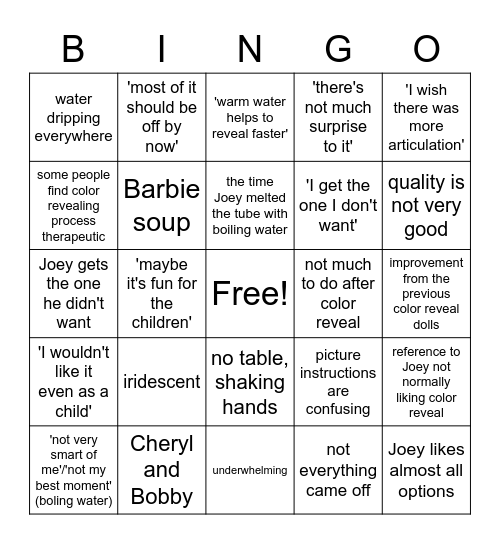Joey Color Reveal Review Bingo Card