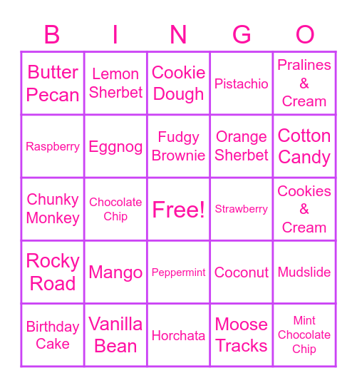 Ice Cream Bingo Card