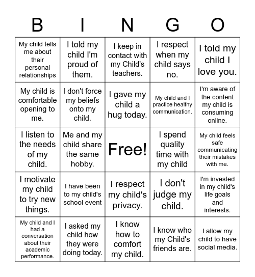 "My Child and I" Bingo Card