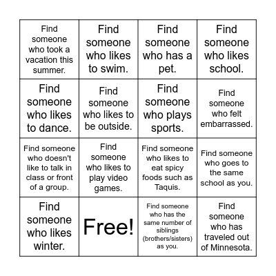 Getting To Know You Bingo Card