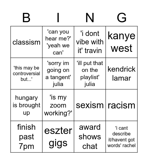 music discussions bingo Card