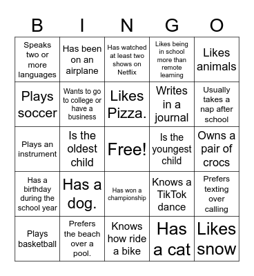 6th Grade Get To Know You BINGO! Bingo Card