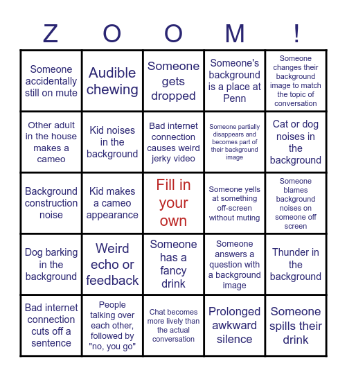 Zoom Party Bingo Card