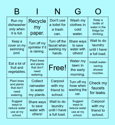 Water Conservation Bingo Card