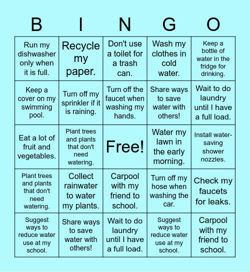 Water Conservation Bingo Card