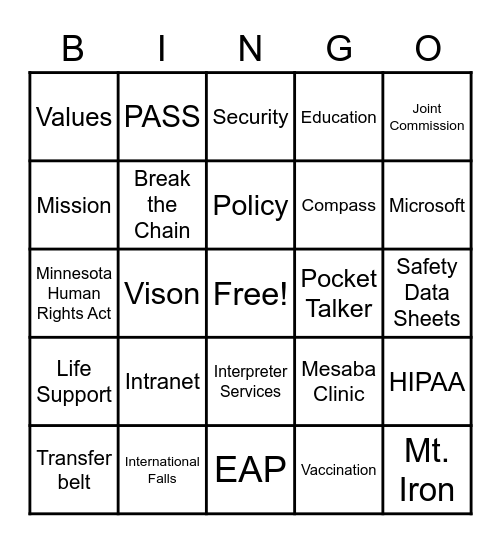 FAIRVIEW RANGE Bingo Card