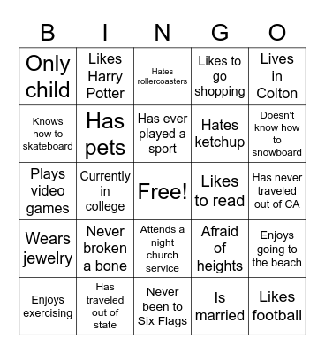 Meet the Young Adults Bingo Card