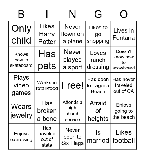 Meet the Young Adults Bingo Card