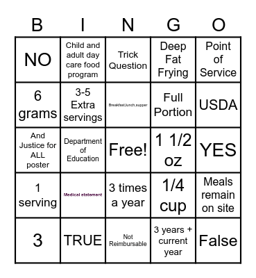 CACFP Bingo Card