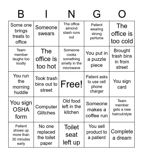 Dental Office Bingo Card