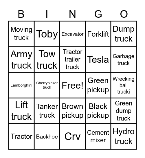 Go Truck Bingo By Toby Bingo Card