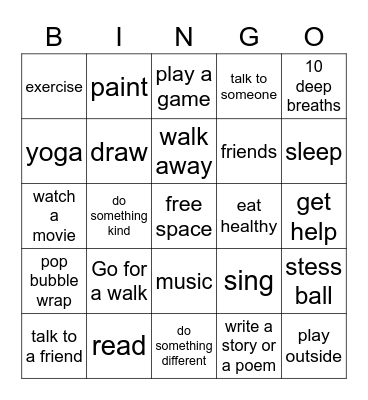 Coping Skills Bingo Card