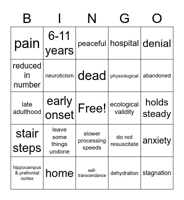 Later in the Lifespan Bingo Card