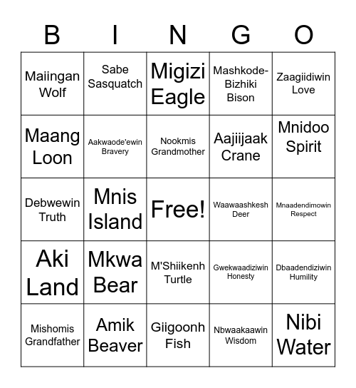 Anishnaabemowin Bingo Card