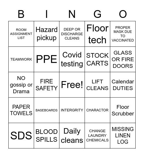 EVS DEPARTMENT Bingo Card