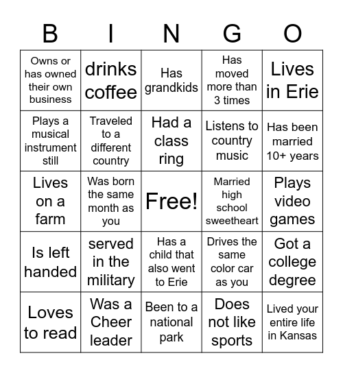 Erie - Class of 1987  Reunion Bingo Card