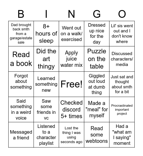 ~~Tiny's Epic Bingo Card~~ Bingo Card
