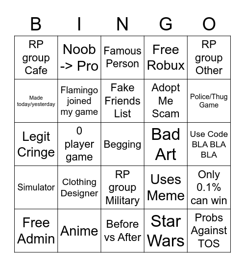 Roblox Ads Bingo Card