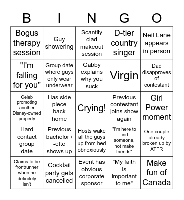 Bachelorette Bingo Card