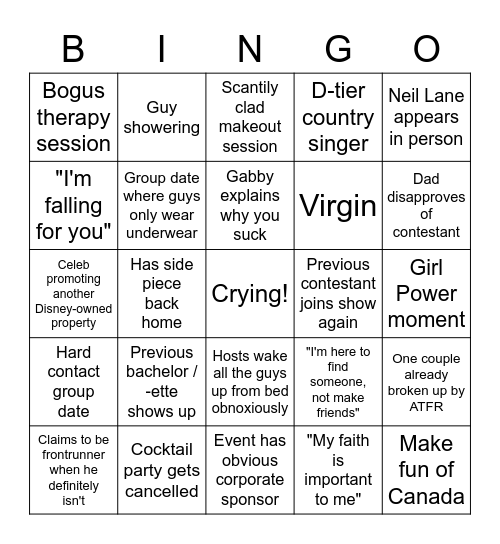 Bachelorette Bingo Card