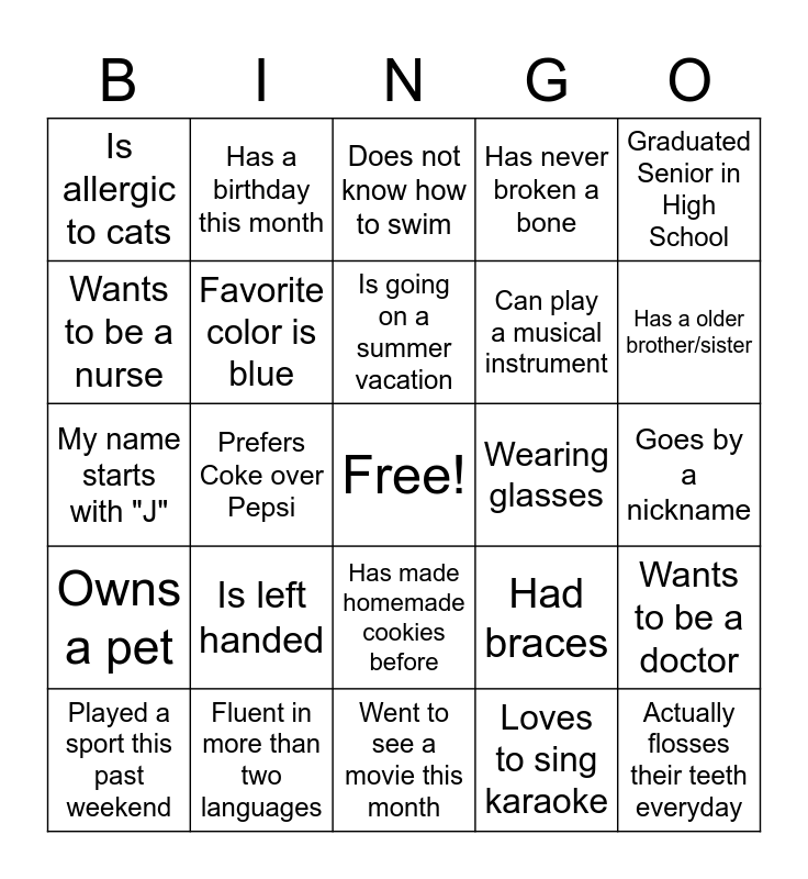 Summer Internship Program Icebreaker Bingo Card