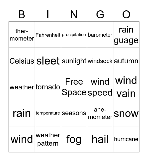 weather vocabulary Bingo Card