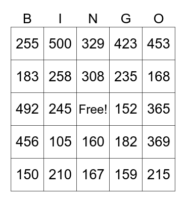 BINGO DE NUMEROS HASTA EL 500 Bingo Card