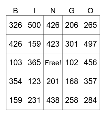 BINGO DE NUMEROS HASTA EL 500 Bingo Card